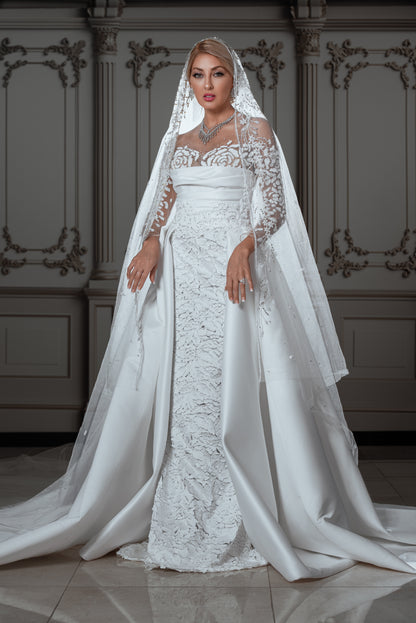 Embellished Lace Bridal Gown with Dramatic Over-Skirt