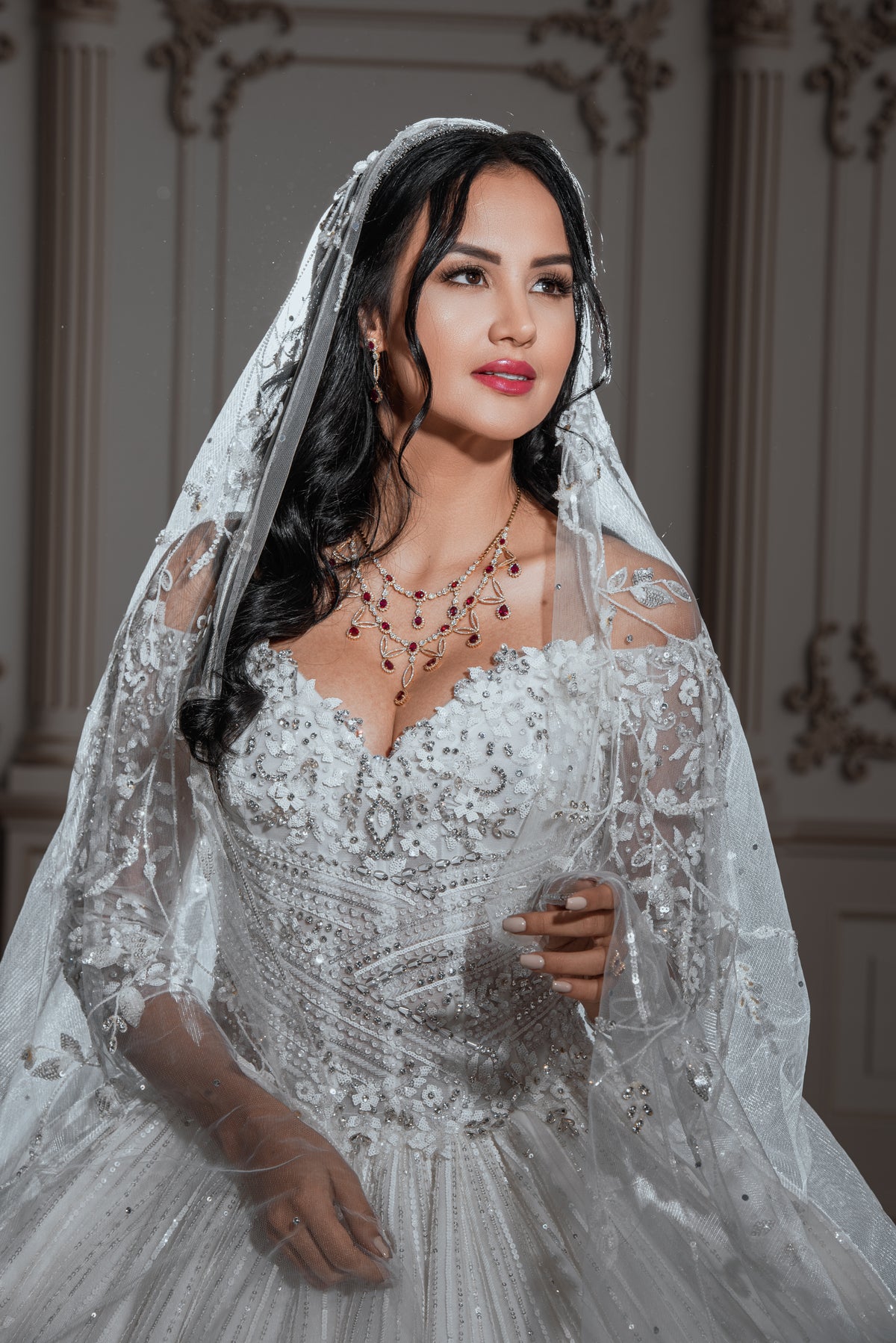 Rosalia Off-the-Shoulder Floral Embellished Royal Ballgown