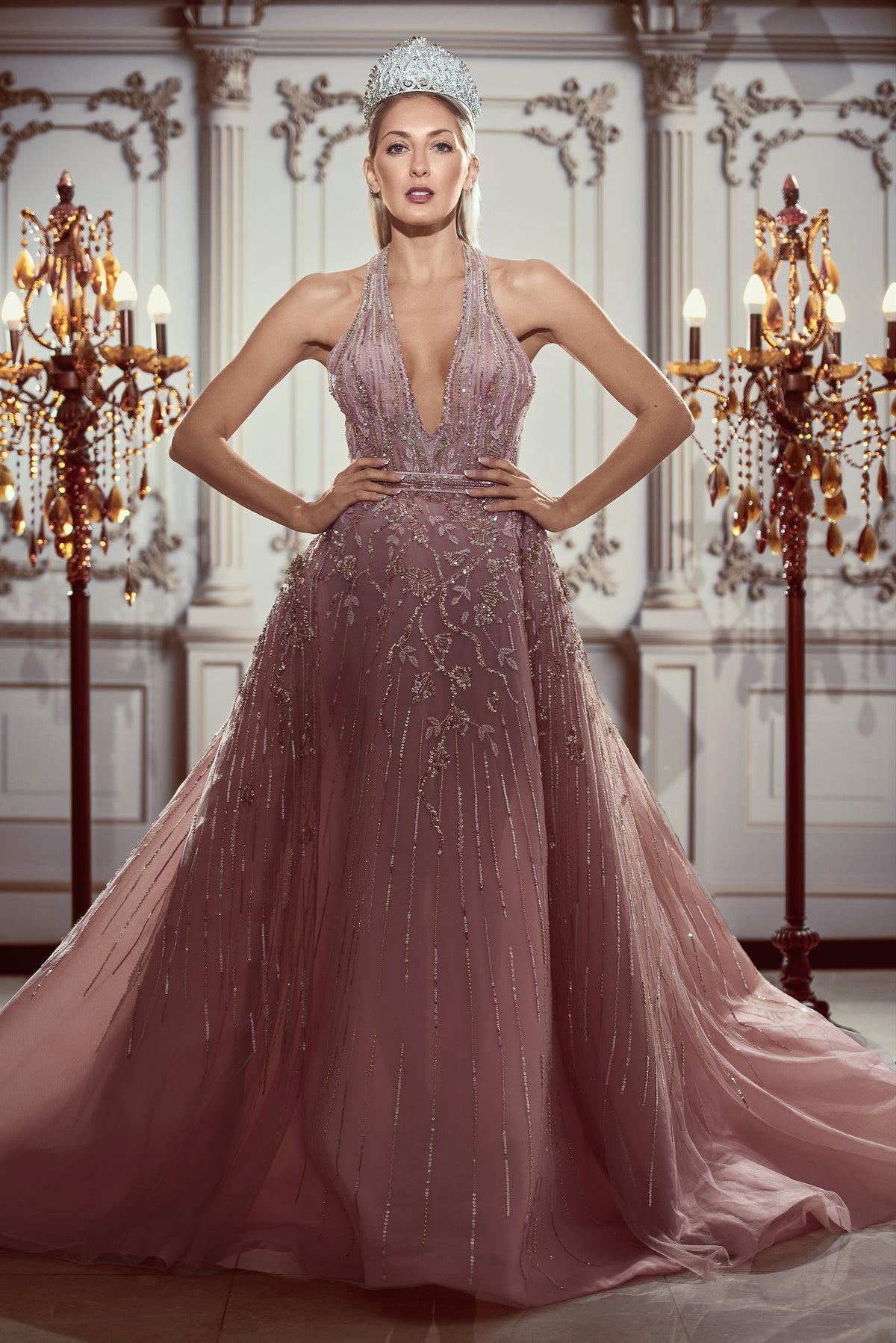 Lavender & Silver Off-the-Shoulder Crystal Evening Gown