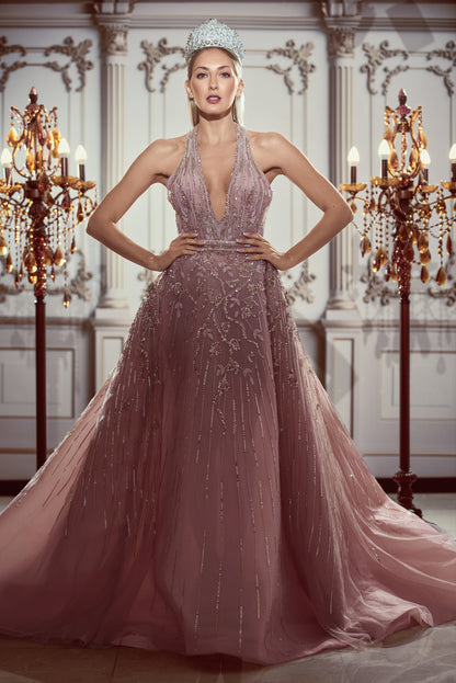 Lavender & Silver Off-the-Shoulder Crystal Evening Gown