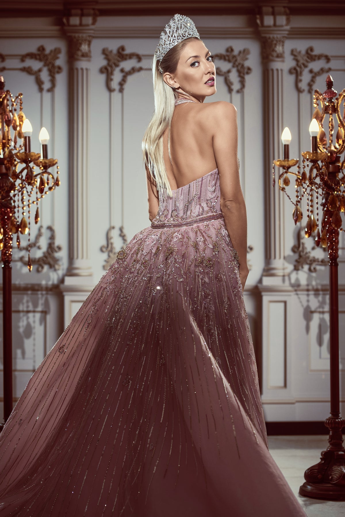 Lavender & Silver Off-the-Shoulder Crystal Evening Gown