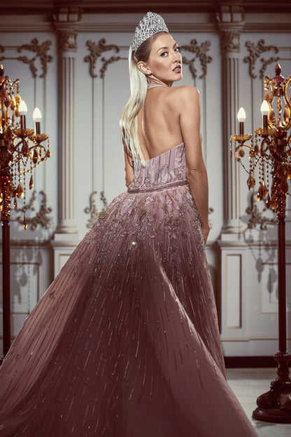 Lavender & Silver Off-the-Shoulder Crystal Evening Gown