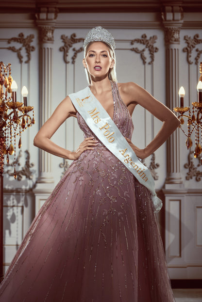 Lavender & Silver Off-the-Shoulder Crystal Evening Gown