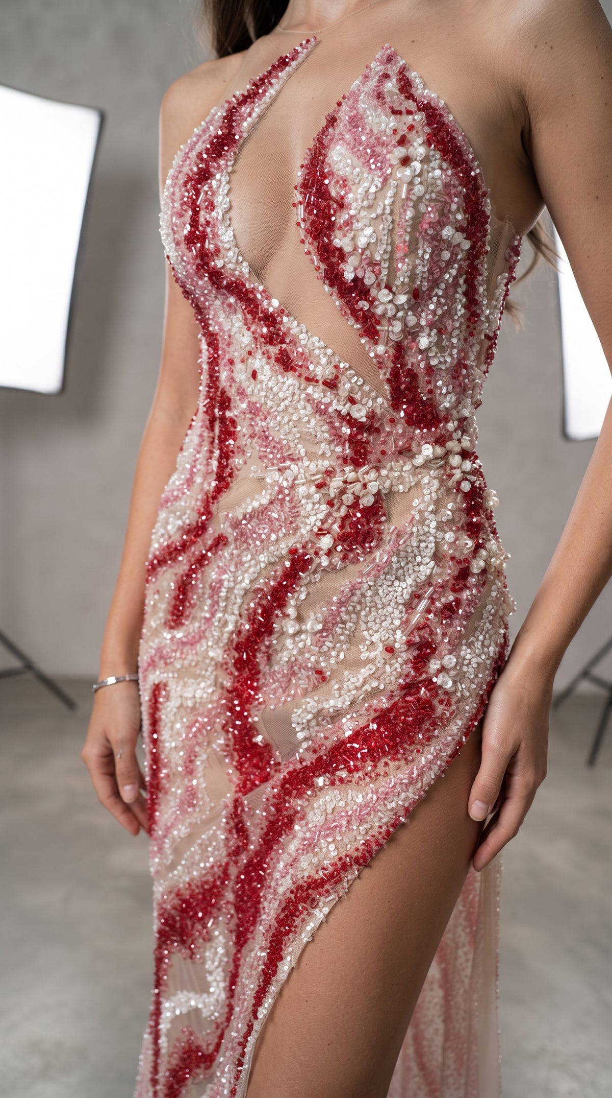 Crimson & Blush Wave-Embellished Cut-Out Evening Gown