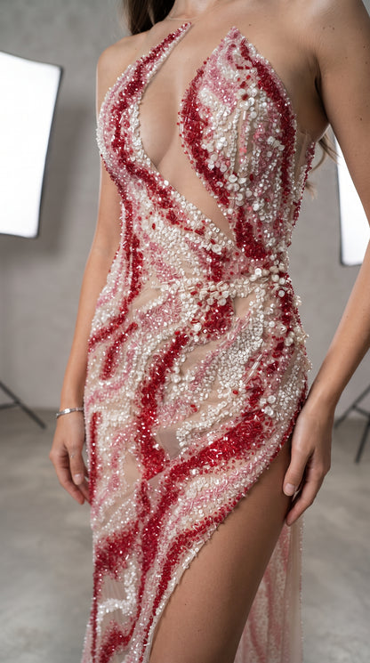Crimson & Blush Wave-Embellished Cut-Out Evening Gown