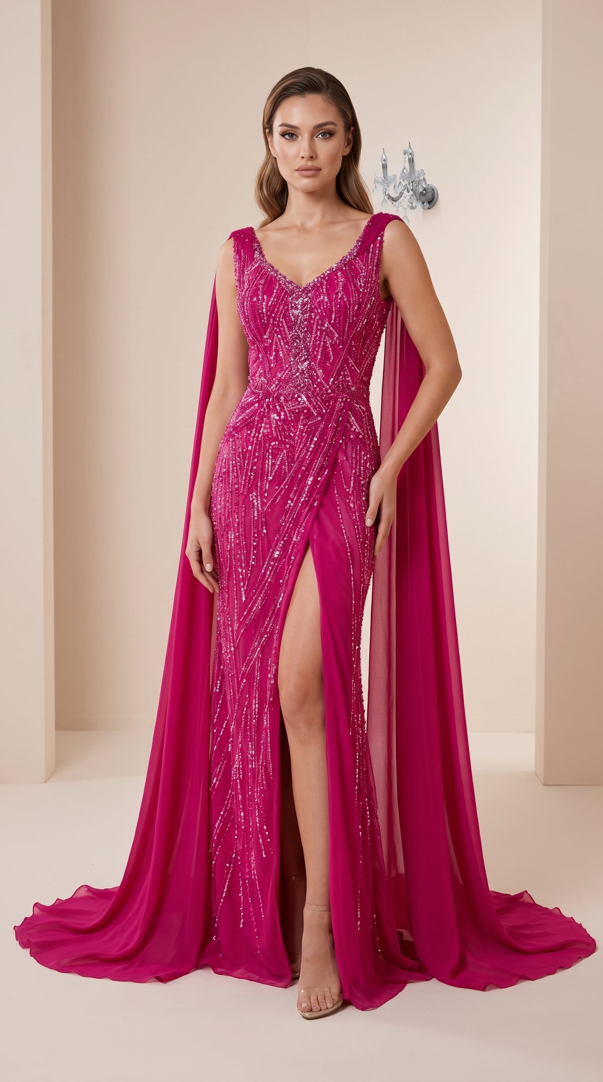 Fuchsia Embellished Cape Evening Gown with Thigh-High Slit
