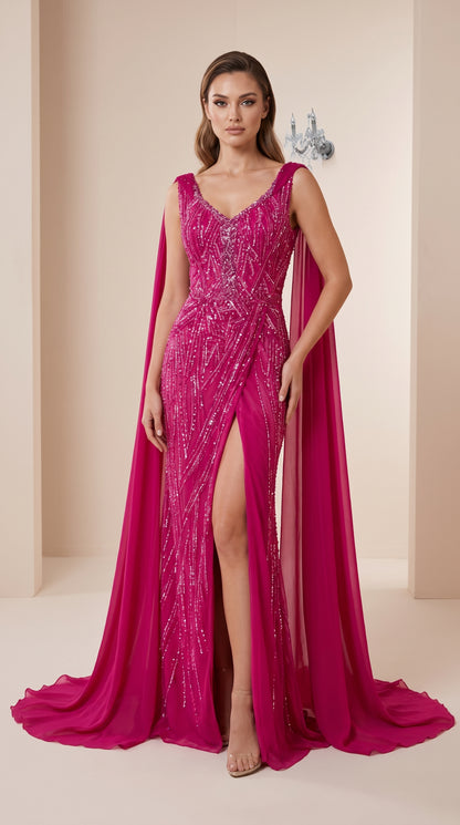 Fuchsia Embellished Cape Evening Gown with Thigh-High Slit