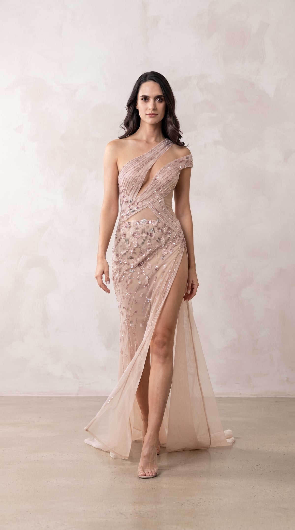 Blush Pink Asymmetric Cut-Out Embellished Evening Gown