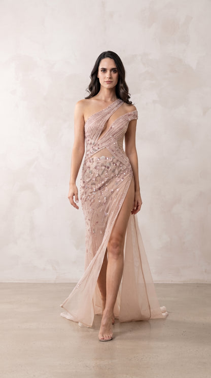 Blush Pink Asymmetric Cut-Out Embellished Evening Gown