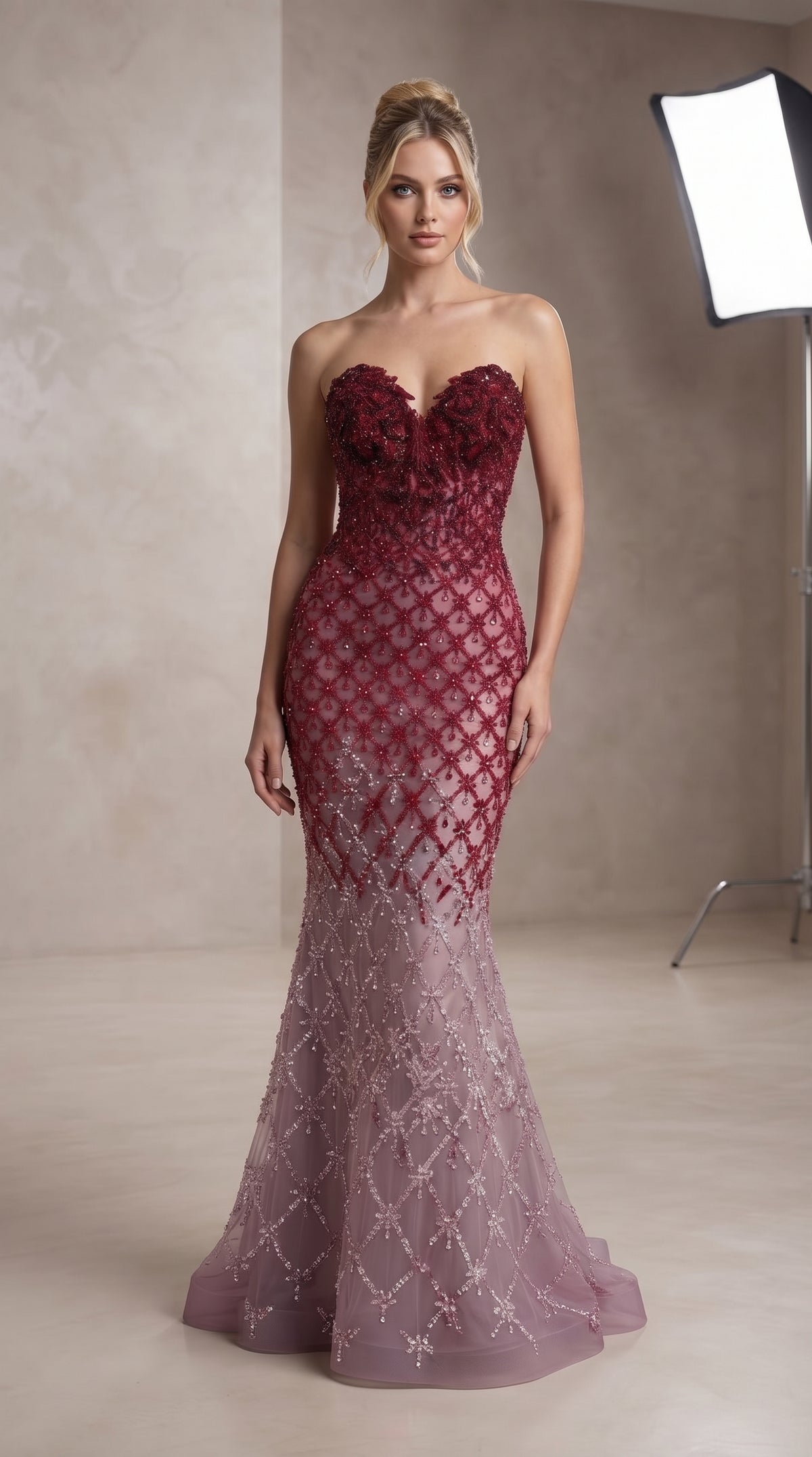 Burgundy to Dusty Mauve Lattice Beaded Strapless Mermaid Gown