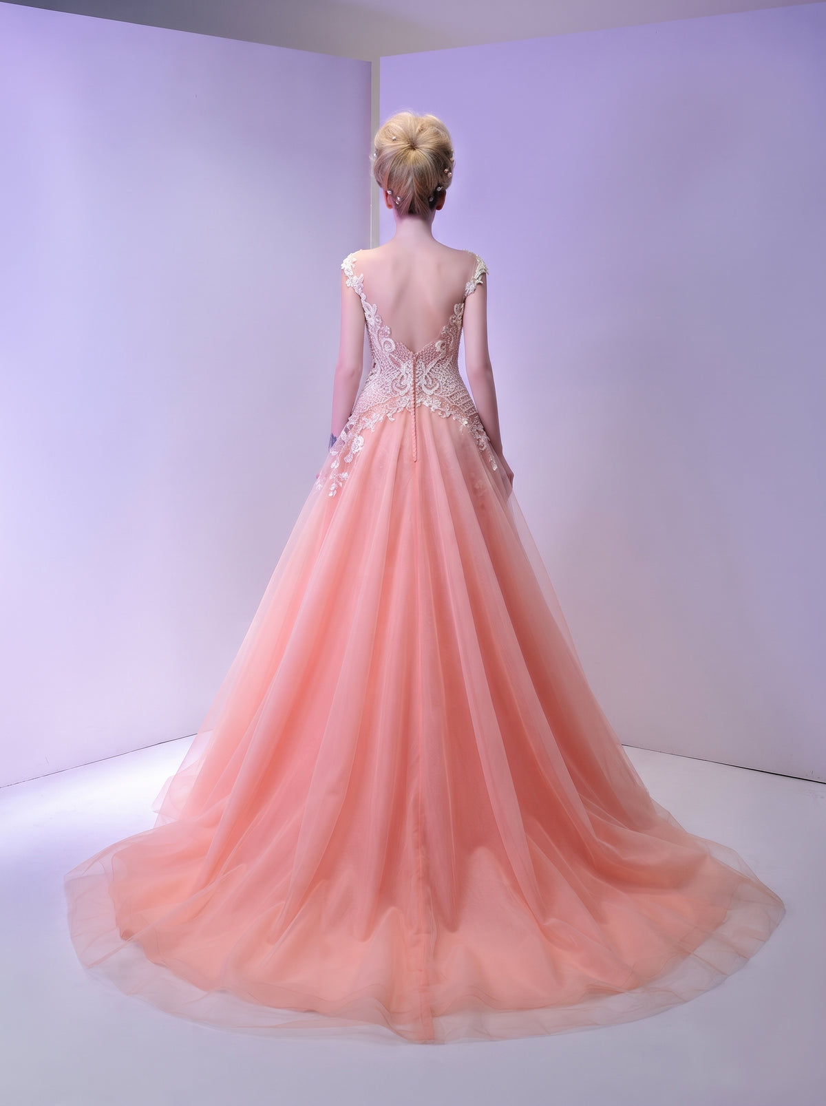 Blush Coral Low-Back Column Gown with Cascading Tulle Train