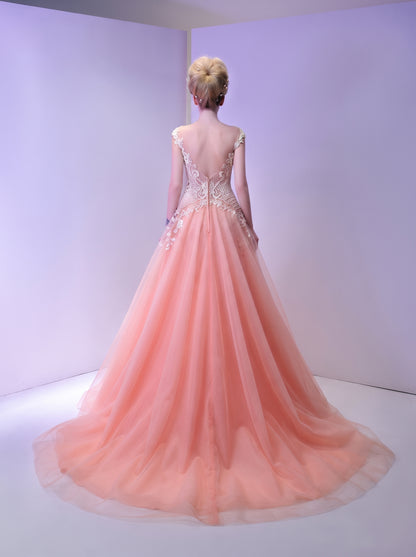 Blush Coral Low-Back Column Gown with Cascading Tulle Train
