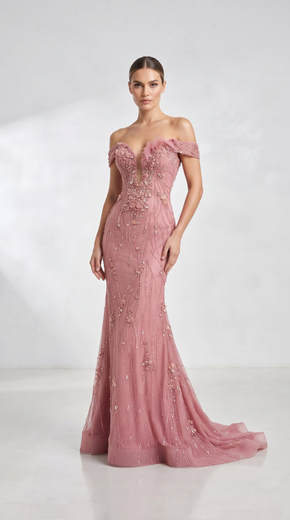 Blush Pink Off-the-Shoulder 3D Floral Embellished Evening Gown