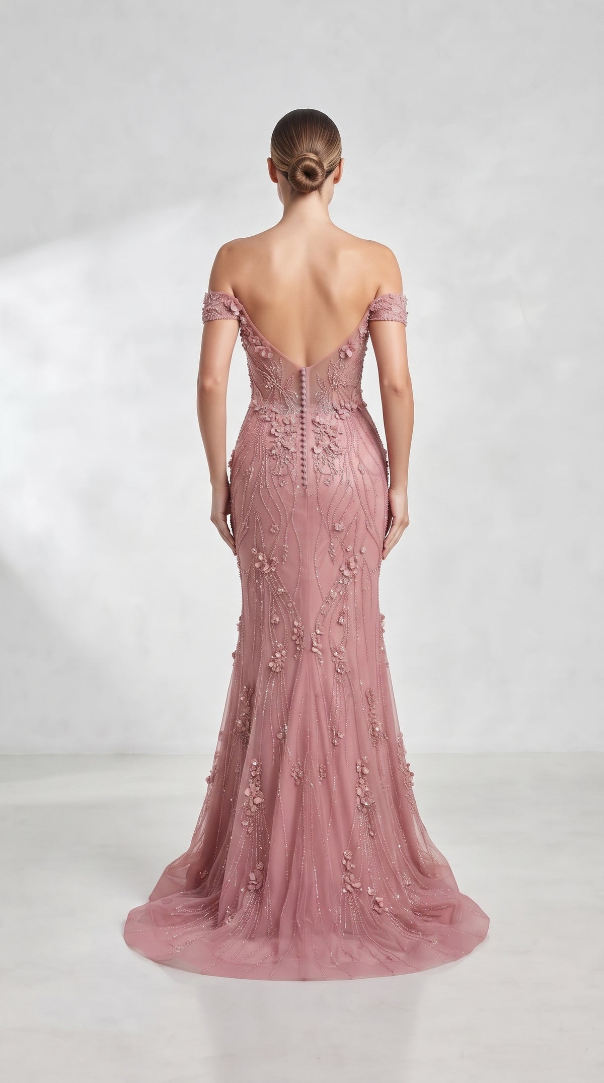 Blush Pink Off-the-Shoulder 3D Floral Embellished Evening Gown