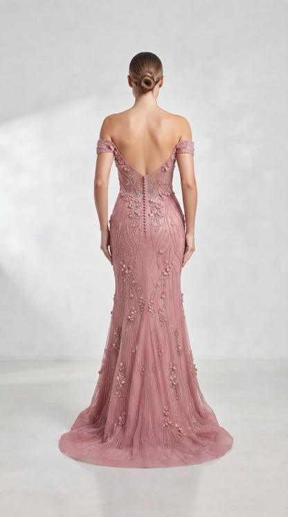 Blush Pink Off-the-Shoulder 3D Floral Embellished Evening Gown