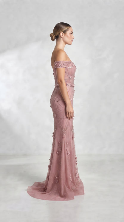 Blush Pink Off-the-Shoulder 3D Floral Embellished Evening Gown