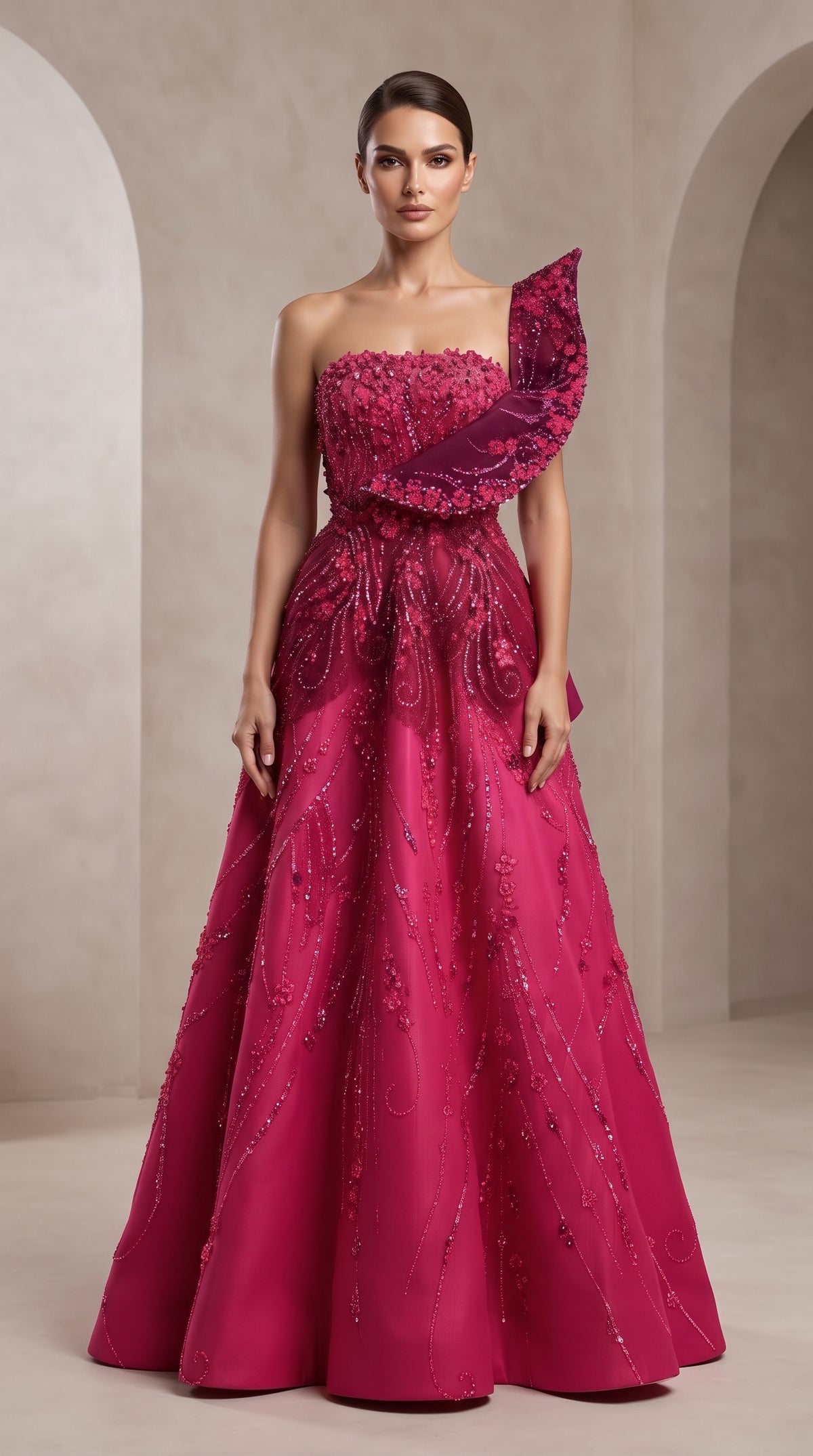 Fuchsia One-Shoulder Sculptural Ruffle Embellished A-Line Evening Gown