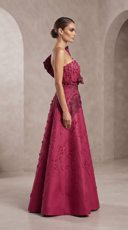 Fuchsia One-Shoulder Sculptural Ruffle Embellished A-Line Evening Gown