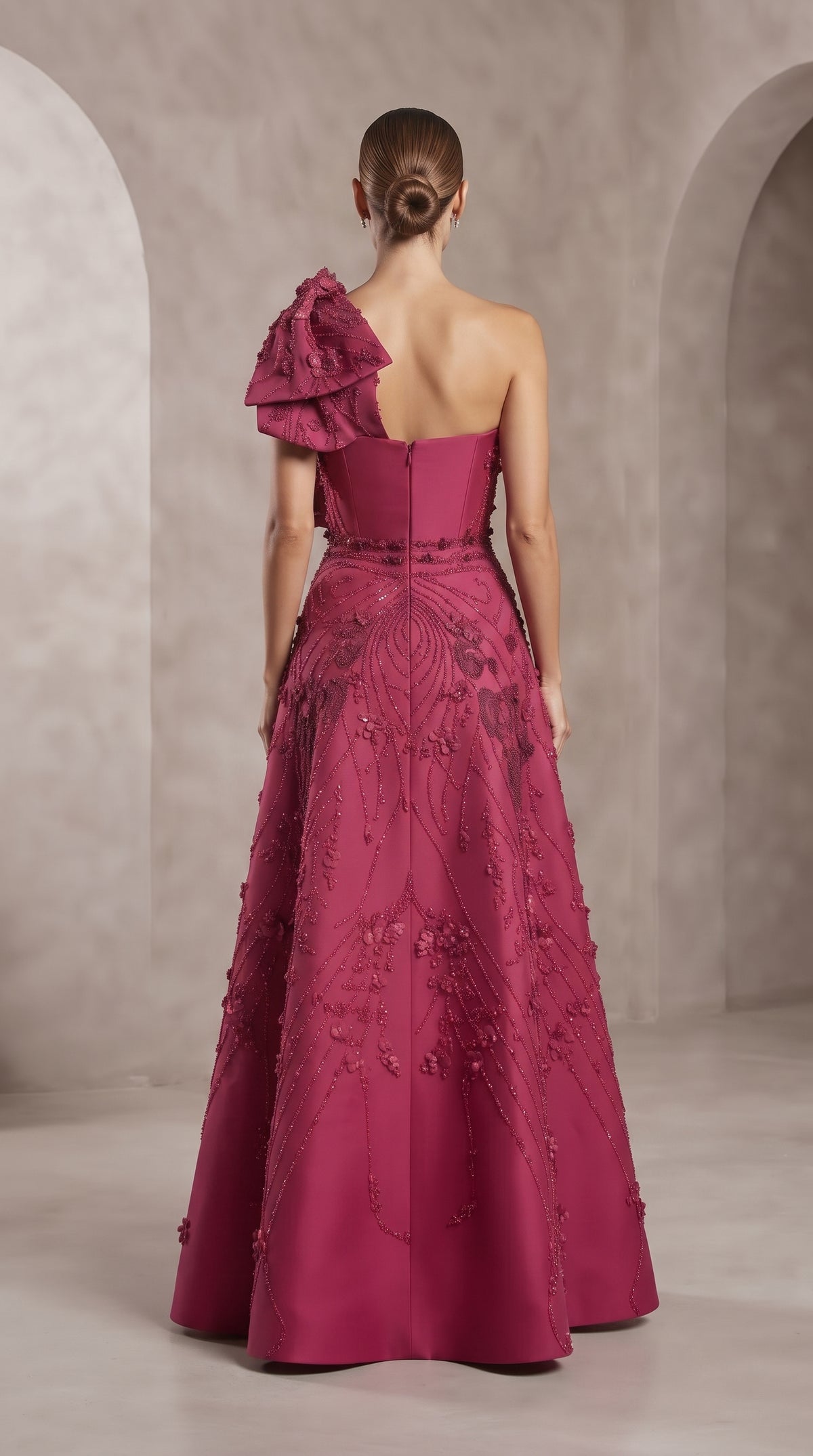 Fuchsia One-Shoulder Sculptural Ruffle Embellished A-Line Evening Gown