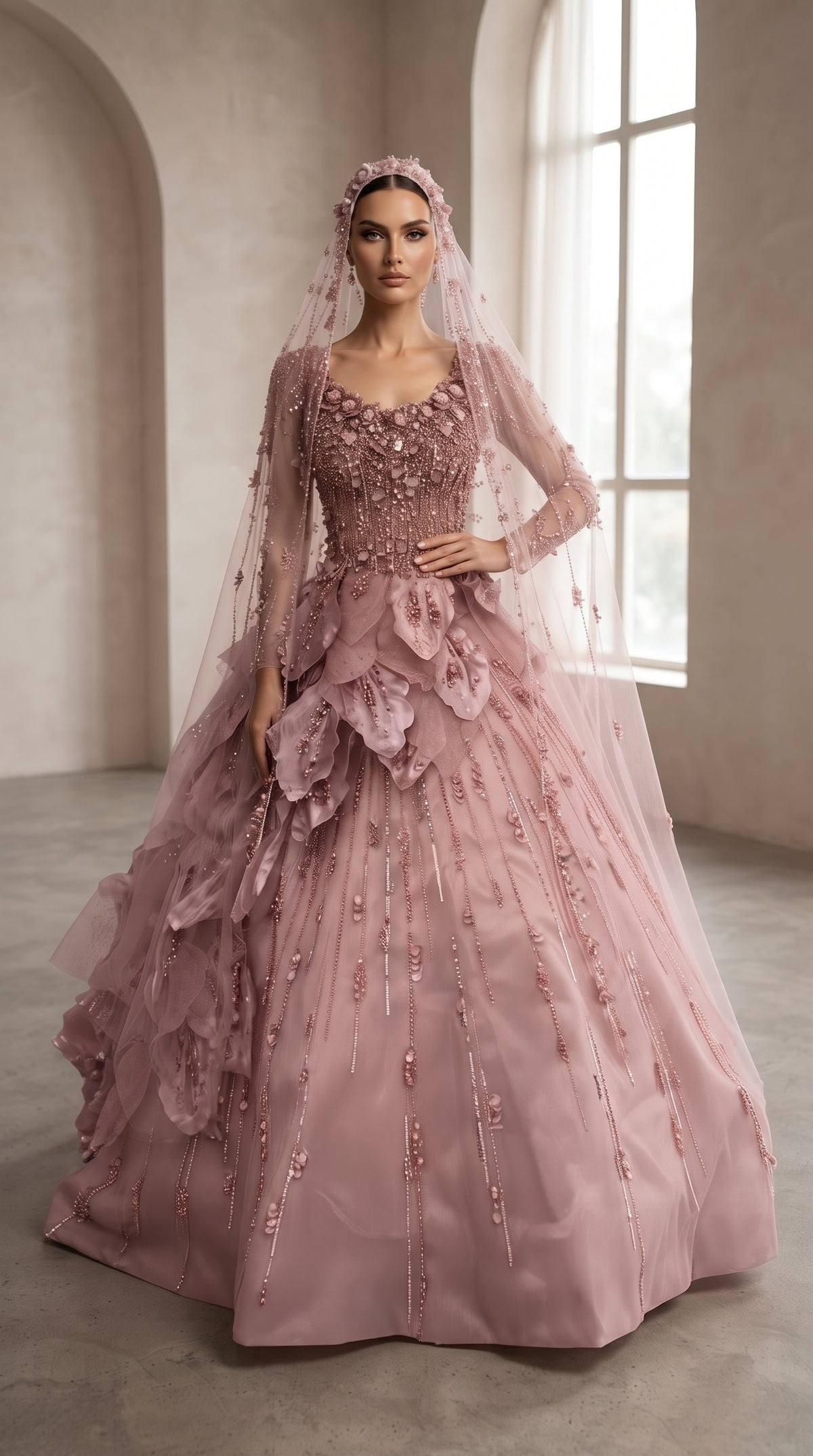 Dusty Rose 3D Floral Petal Ball Gown with Matching Beaded Veil