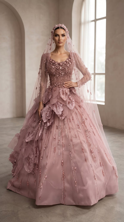 Dusty Rose 3D Floral Petal Ball Gown with Matching Beaded Veil
