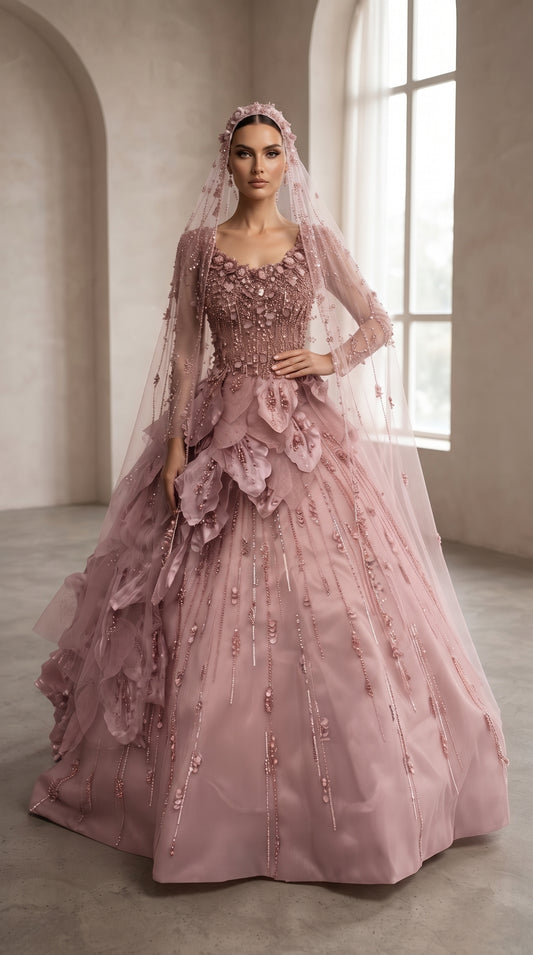 Dusty Rose 3D Floral Petal Ball Gown with Matching Beaded Veil
