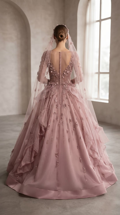 Dusty Rose 3D Floral Petal Ball Gown with Matching Beaded Veil