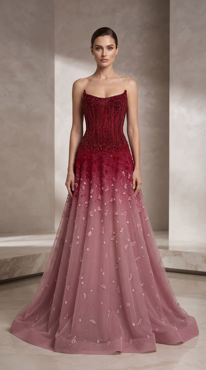 Burgundy to Blush Ombré Strapless Crystal Beaded Evening Gown