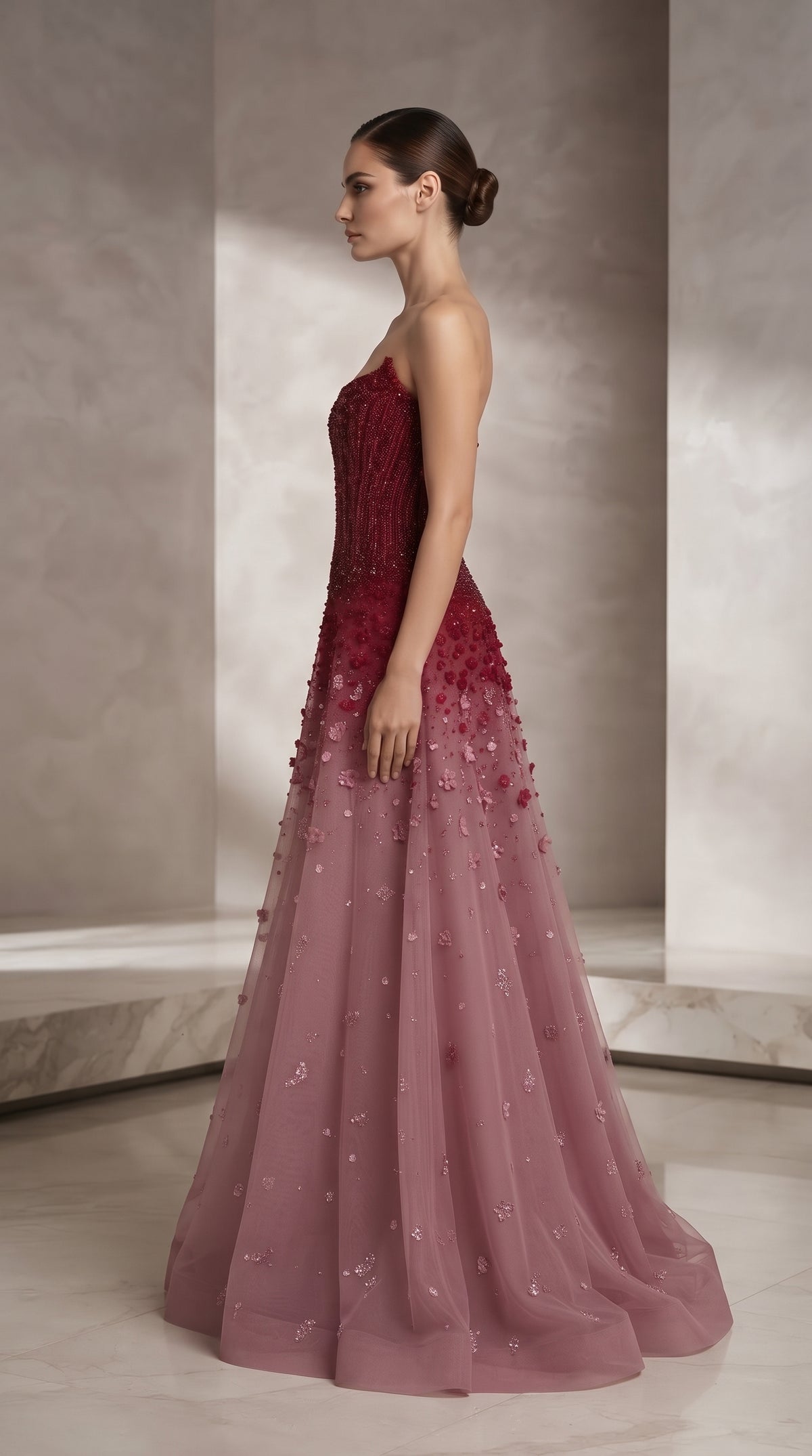 Burgundy to Blush Ombré Strapless Crystal Beaded Evening Gown