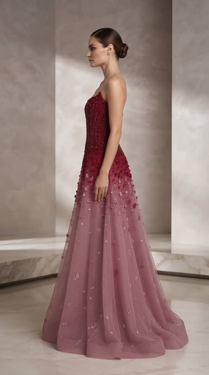 Burgundy to Blush Ombré Strapless Crystal Beaded Evening Gown