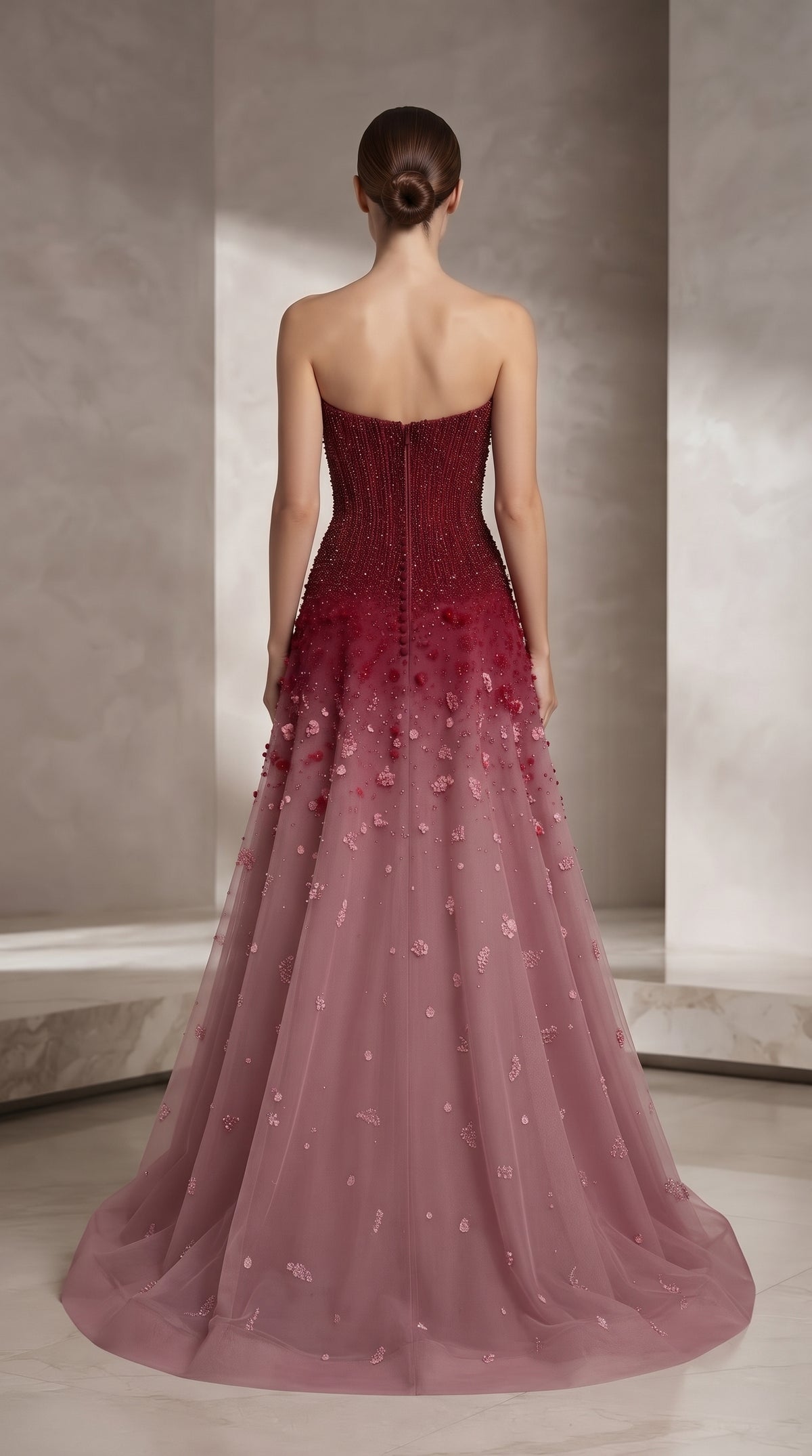 Burgundy to Blush Ombré Strapless Crystal Beaded Evening Gown