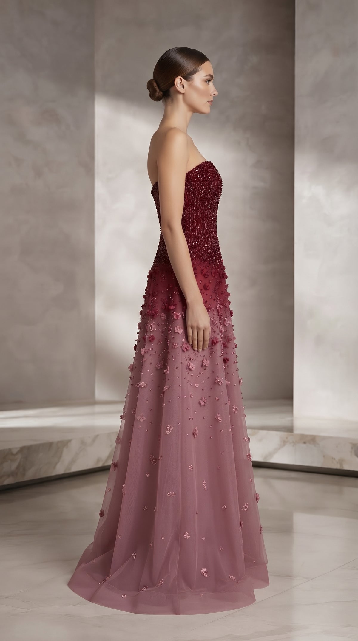 Burgundy to Blush Ombré Strapless Crystal Beaded Evening Gown