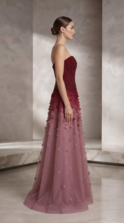 Burgundy to Blush Ombré Strapless Crystal Beaded Evening Gown