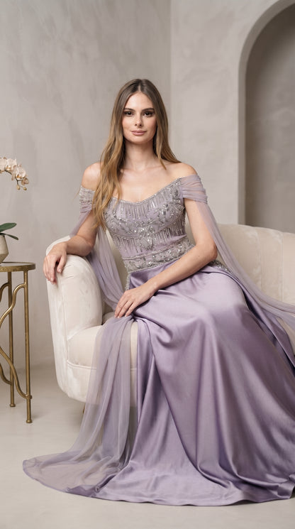 Lavender & Silver Off-the-Shoulder Crystal Evening Gown