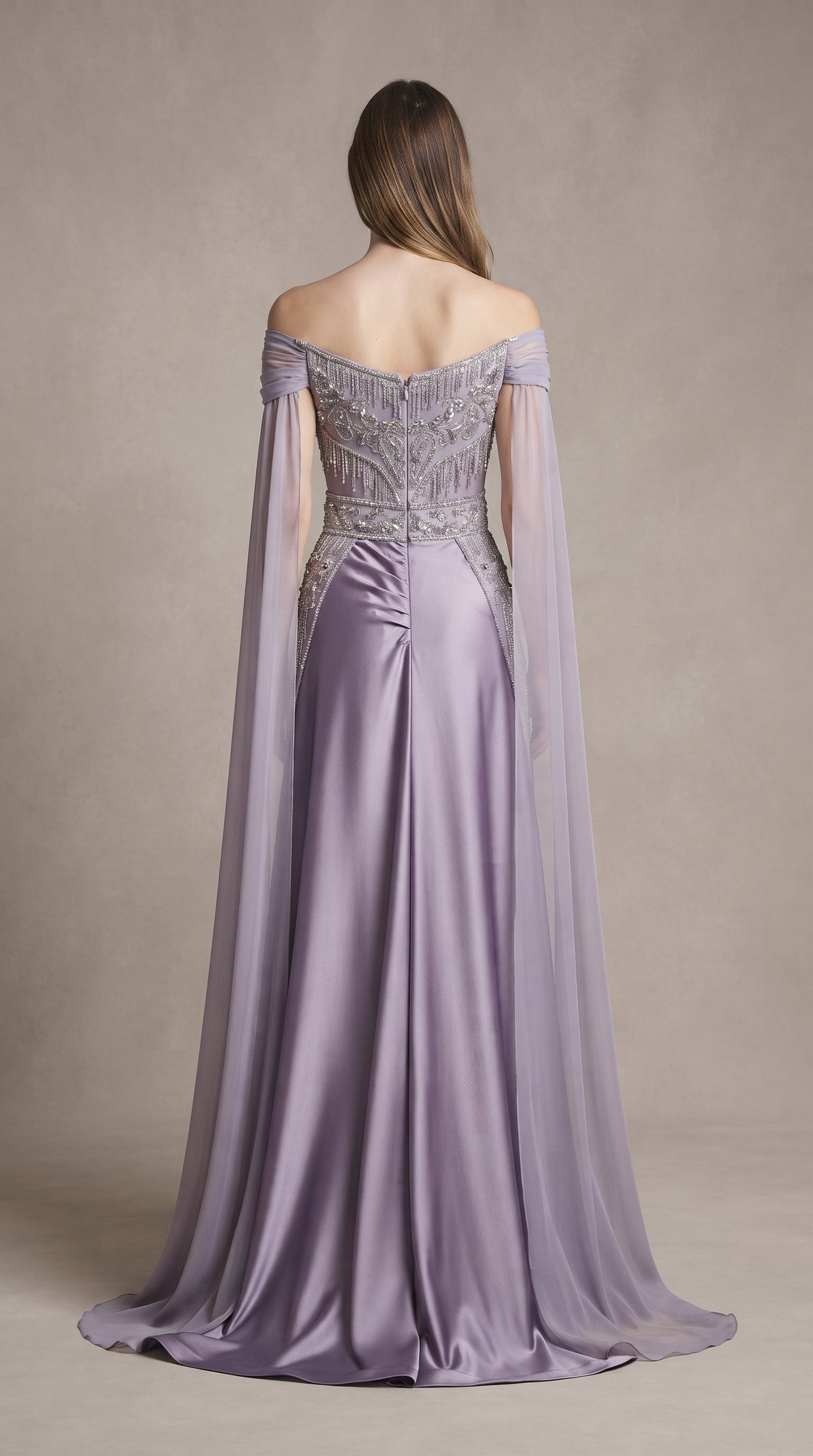 Lavender & Silver Off-the-Shoulder Crystal Evening Gown