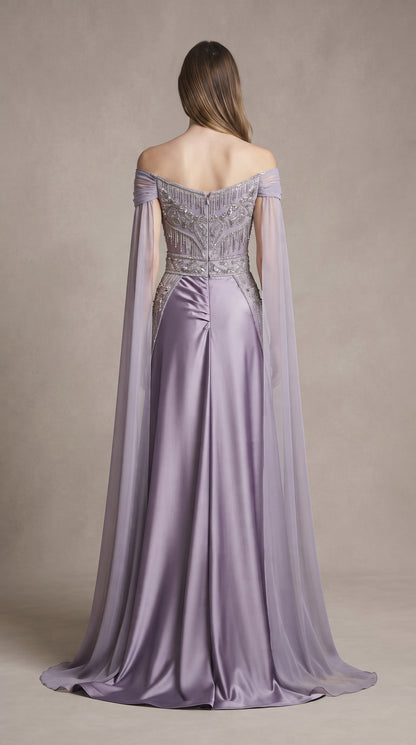 Lavender & Silver Off-the-Shoulder Crystal Evening Gown