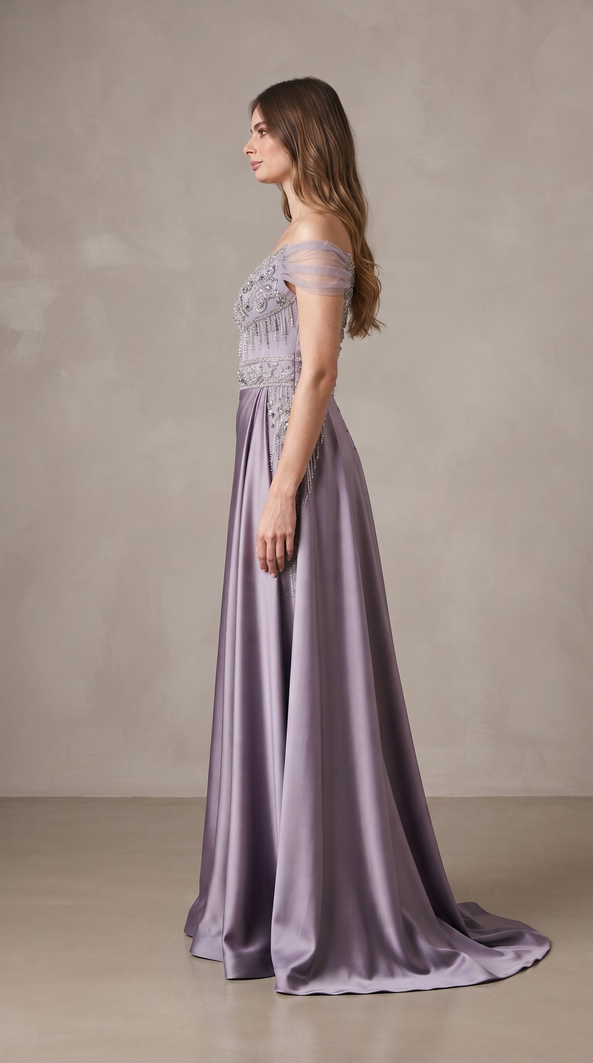 Lavender & Silver Off-the-Shoulder Crystal Evening Gown