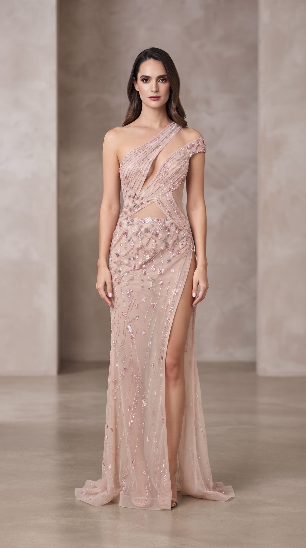 Blush Pink Asymmetric Cut-Out Embellished Evening Gown