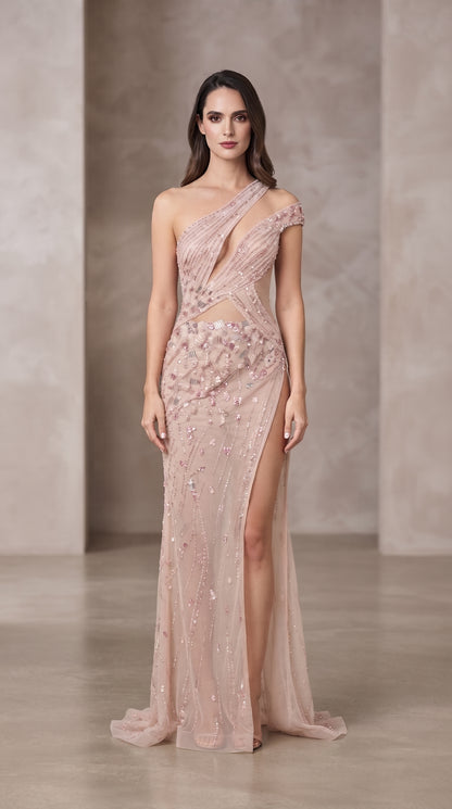 Blush Pink Asymmetric Cut-Out Embellished Evening Gown