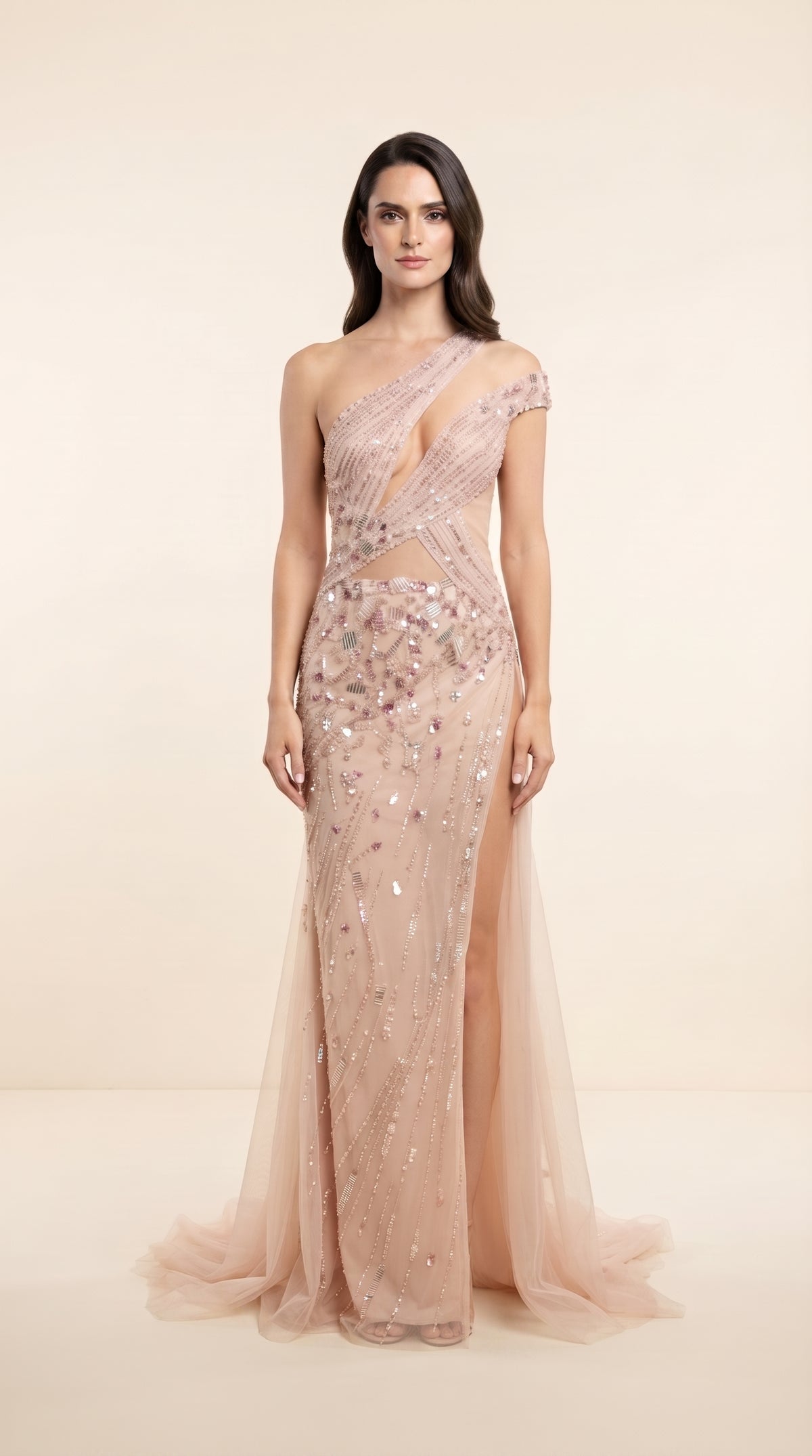 Blush Pink Asymmetric Cut-Out Embellished Evening Gown