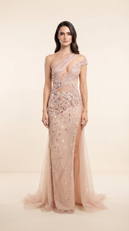 Blush Pink Asymmetric Cut-Out Embellished Evening Gown