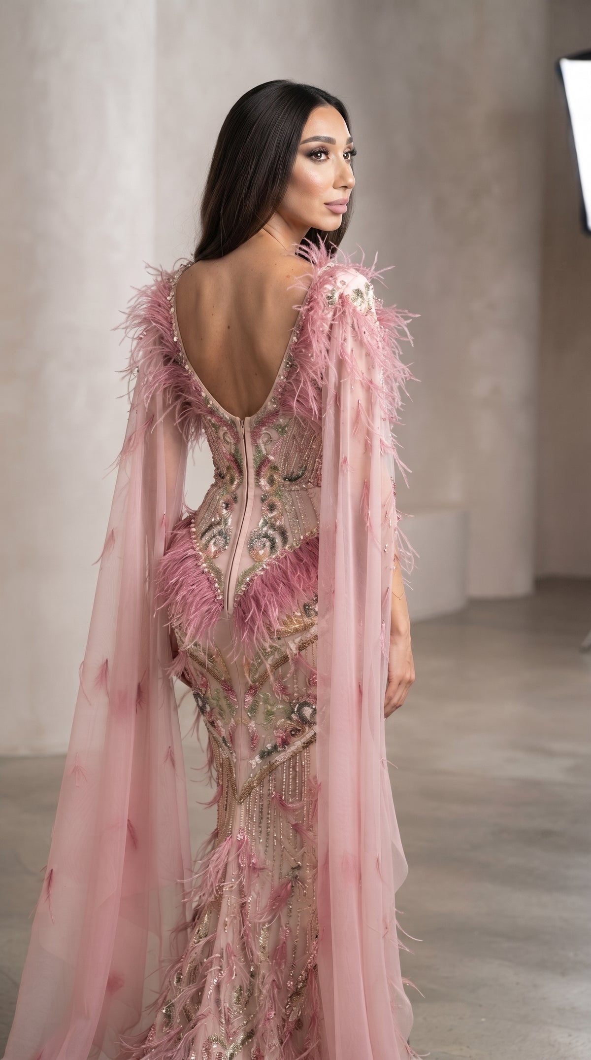 Dusty Pink Feather & Crystal Embroidered Cape Evening Gown
