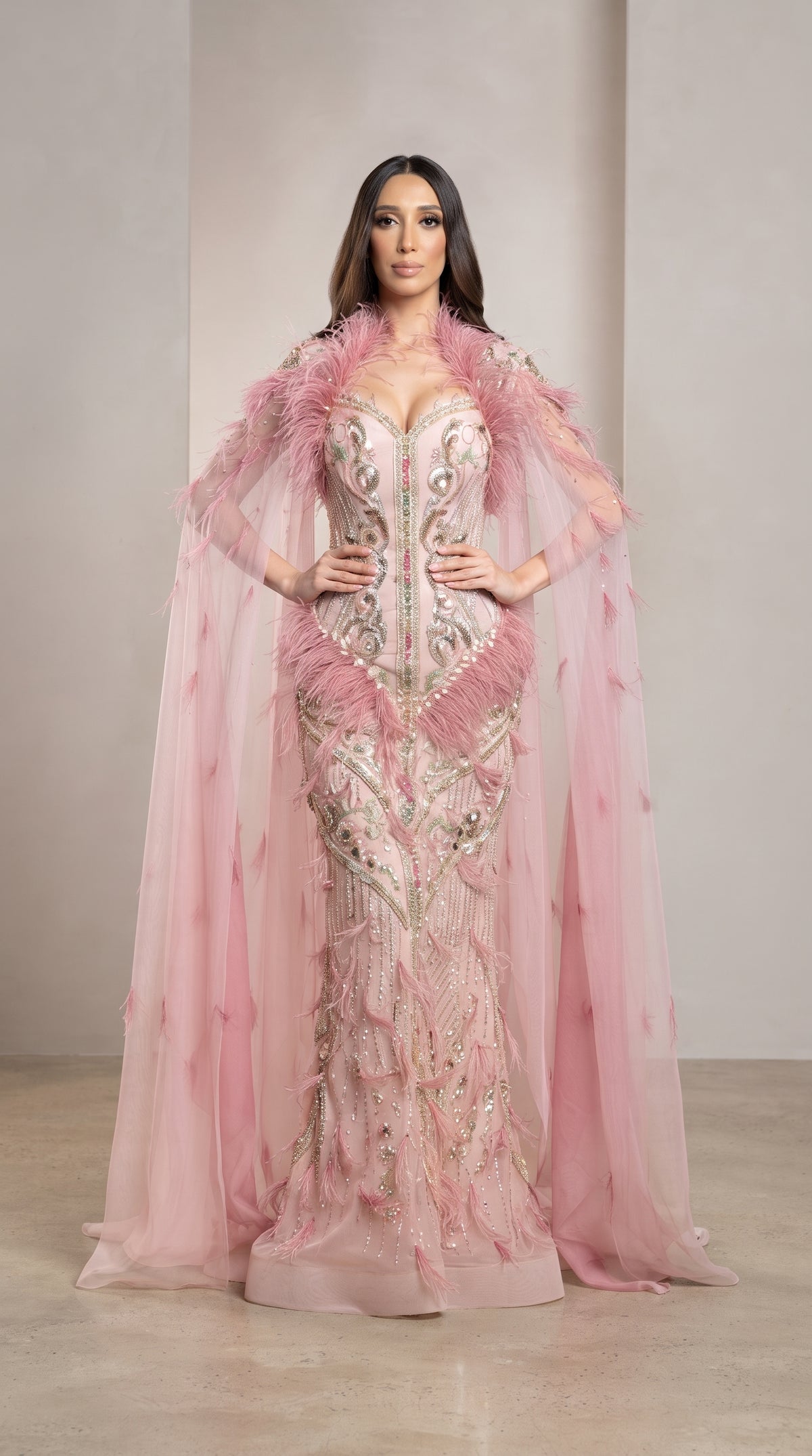 Dusty Pink Feather & Crystal Embroidered Cape Evening Gown