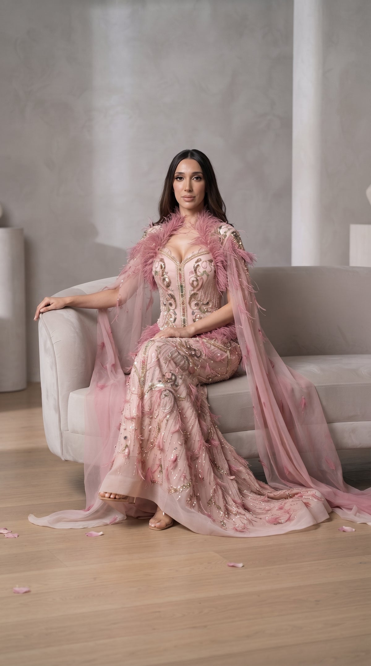 Dusty Pink Feather & Crystal Embroidered Cape Evening Gown