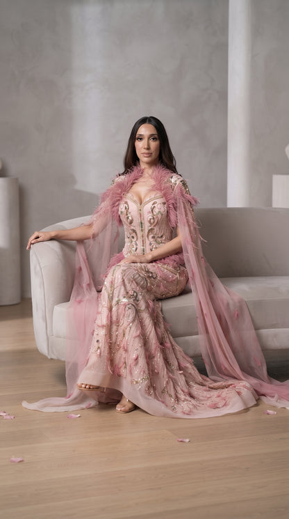 Dusty Pink Feather & Crystal Embroidered Cape Evening Gown