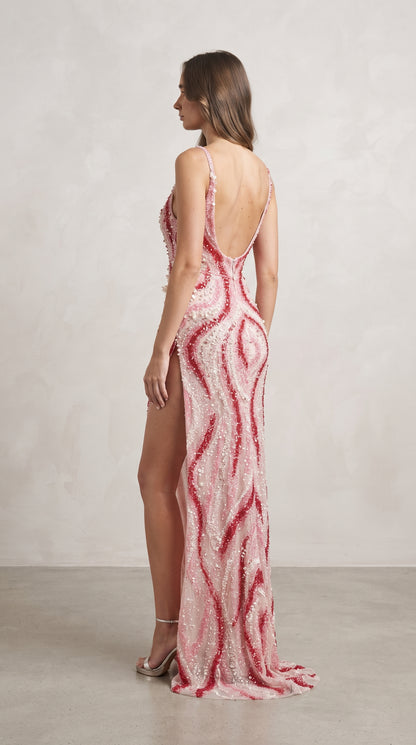 Crimson & Blush Wave-Embellished Cut-Out Evening Gown