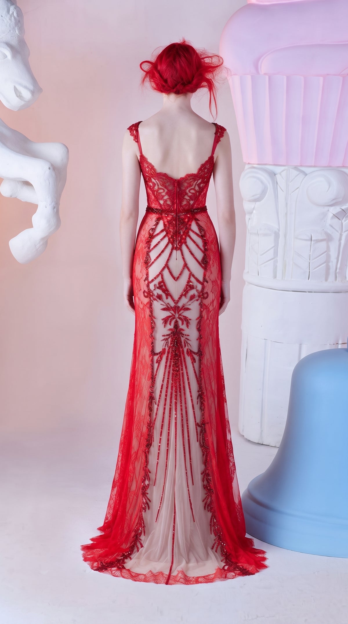 Crimson Red Beaded Lattice Illusion Evening Gown