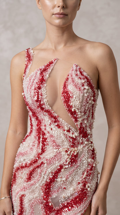Crimson & Blush Wave-Embellished Cut-Out Evening Gown