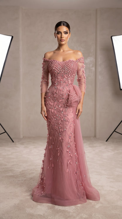 Blush Pink Off-the-Shoulder 3D Leaf Embellished Gown with Side Ruffle