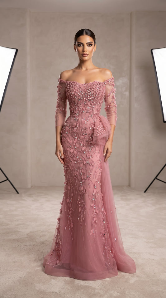 Blush Pink Off-the-Shoulder 3D Leaf Embellished Gown with Side Ruffle